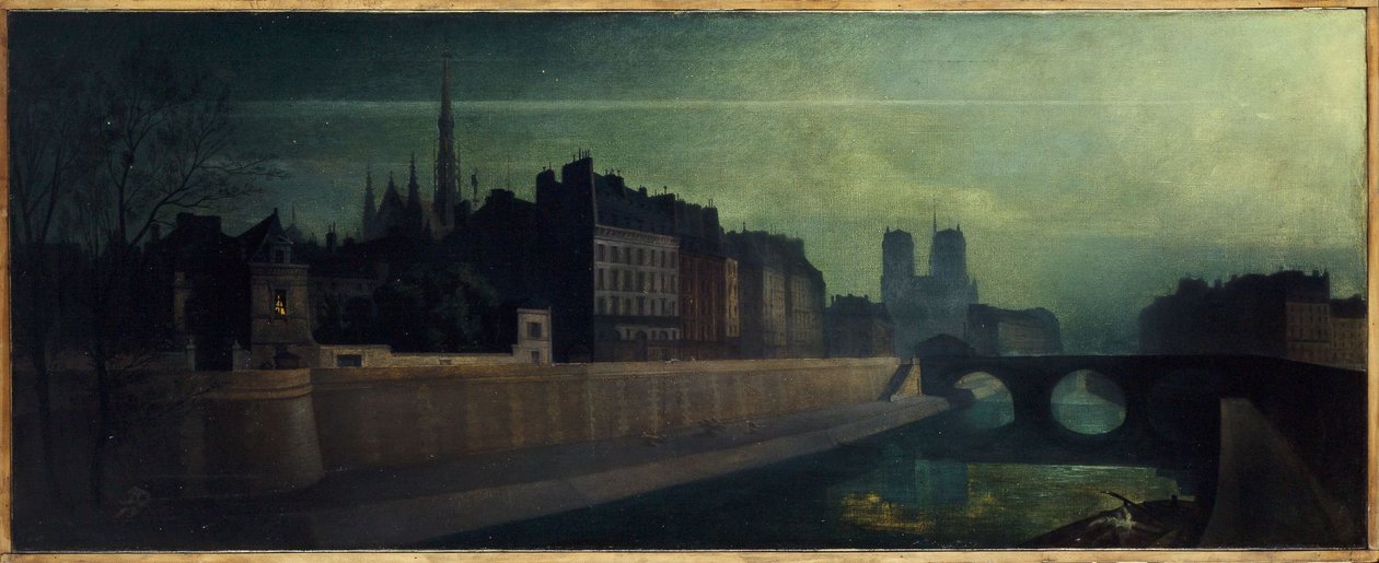 Quai des Orfêvres, Pont Saint-Michel, Notre-Dame, ok. 1860 r.; efekt nocny, dzisiejsze 1. i 4. dzielnica, między 1855 a 1865 r. (olej na płótnie) autorstwa Unknown artist
