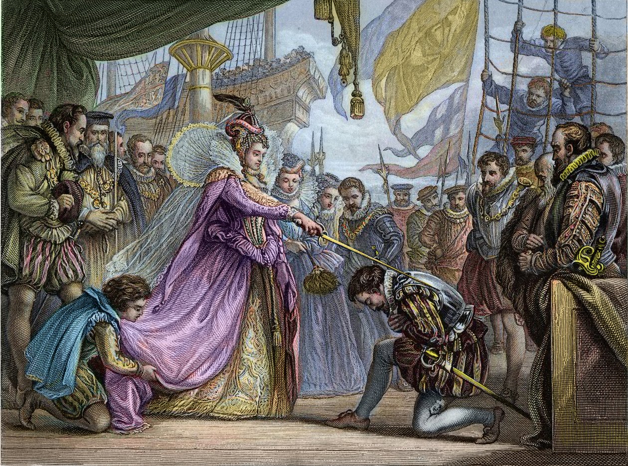 Królowa Elżbieta I (1530-1603) pasowanie na rycerza Francisa Drake