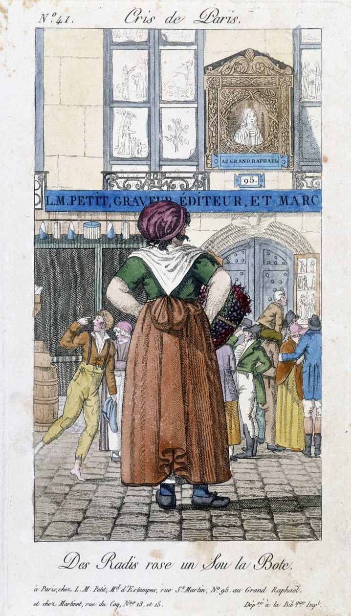 Kupiec rzodkiewki na ulicach Paryża - w „”Cris de Paris””, deb. 19 wiek autorstwa Unknown artist