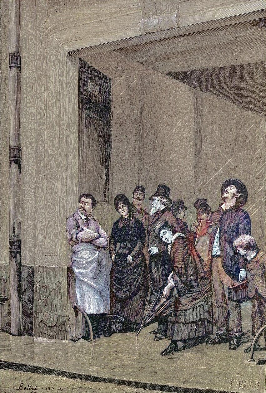 Deszczowa pogoda, ludzie stojący pod dachem i czekający, aż przestanie padać, obraz A. Belleta autorstwa Unknown artist
