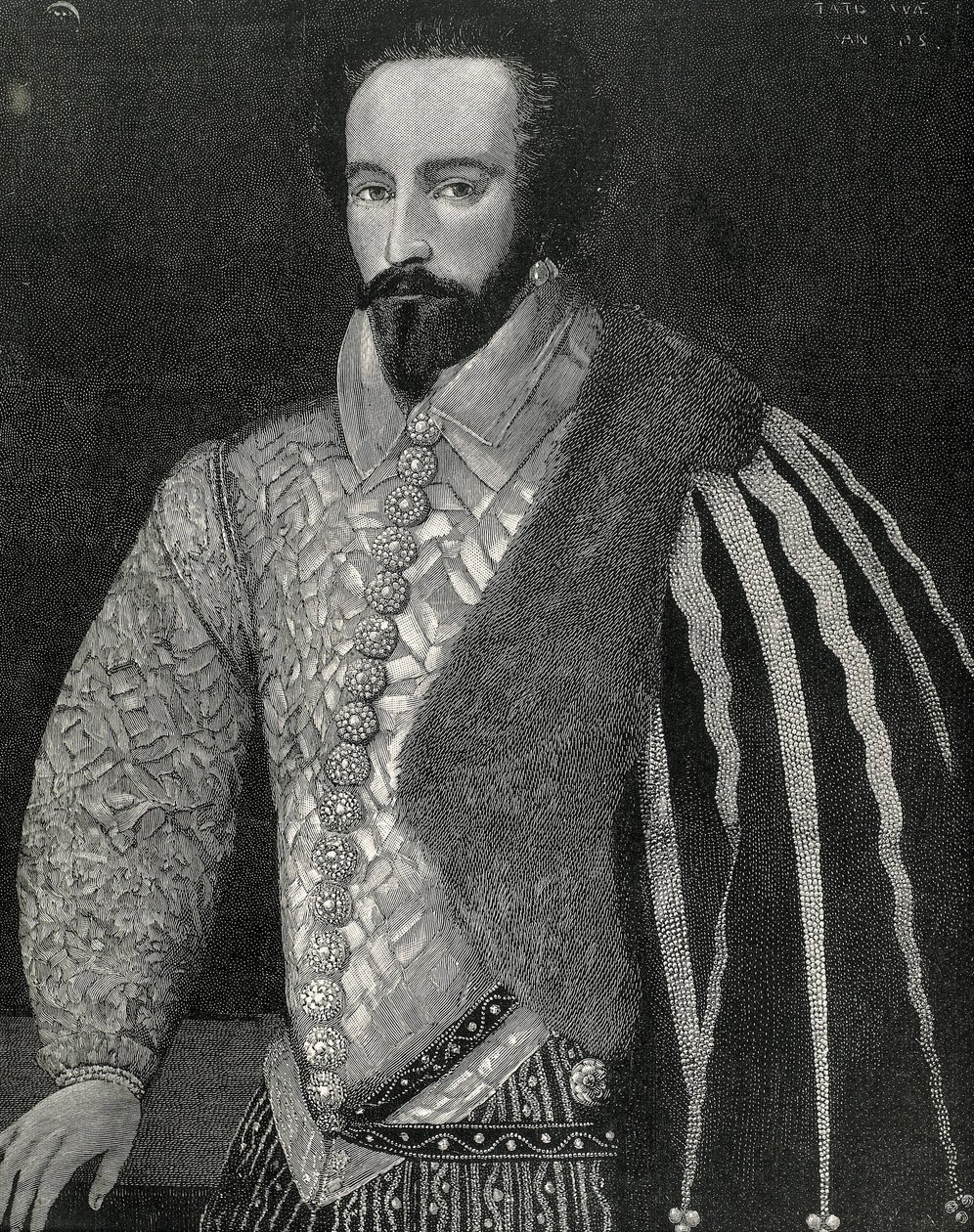 Raleigh, sir Walter (1554-1618). Angielski żeglarz, odkrywca i makler. Portret Sir Waltera Raleigha. Wygrawerowany w 1891 roku, wykonany na podstawie anonimowego oryginału zachowanego w National Portrait Gallery w Londynie. Rycina. autorstwa Unknown artist