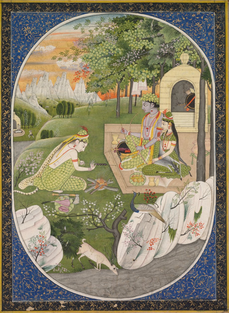Rama, Sita i Lakszmana w lesie, strona z Ramajany (Opowieści Boga Ramy) autorstwa Unknown artist