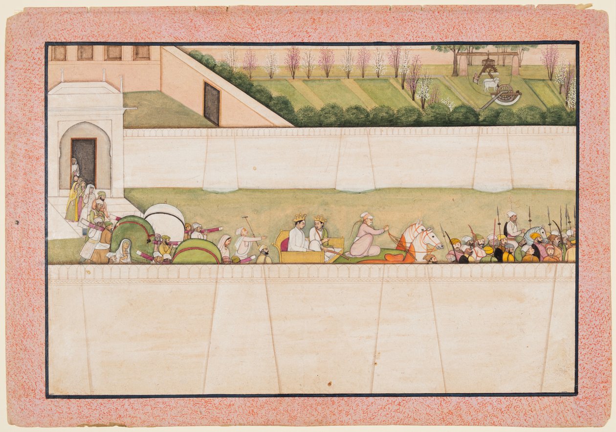 Bracia Ramy Bharata i Shatrughna wyruszają z Ajodhji, aby znaleźć Ramę i Lakszmanę w lesie, aby poinformować ich o śmierci ich ojca Dasharaty autorstwa Unknown artist