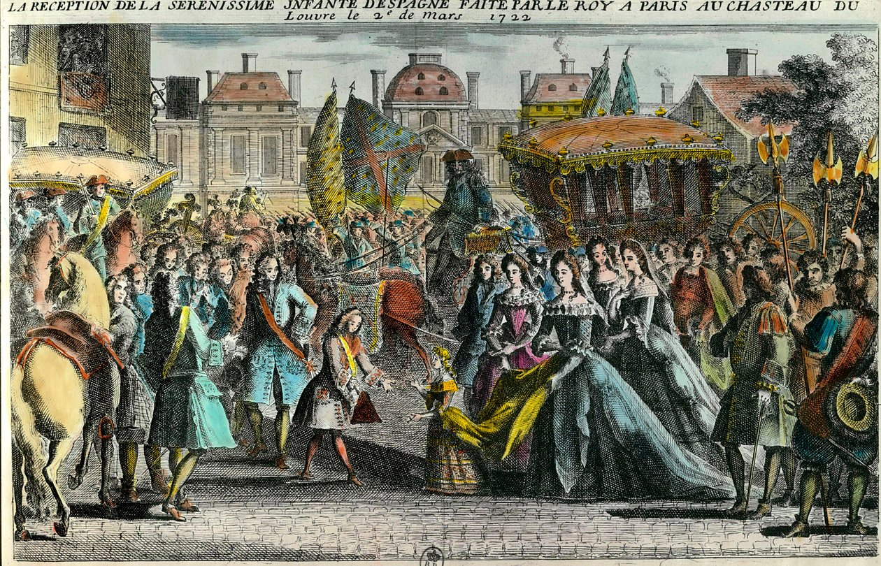 Przyjęcie hiszpańskiej infantki Marii Anny Victoire (1718-1781) przez króla Ludwika XV w Paryżu w Luwrze w dniu 2 marca 1722 roku. Mariana Victoria de Borbon została zaręczona w wieku 3 lat z Ludwikiem XV w wieku 11 lat. XVIII wiek. Prywatna kolekcja autorstwa Unknown artist