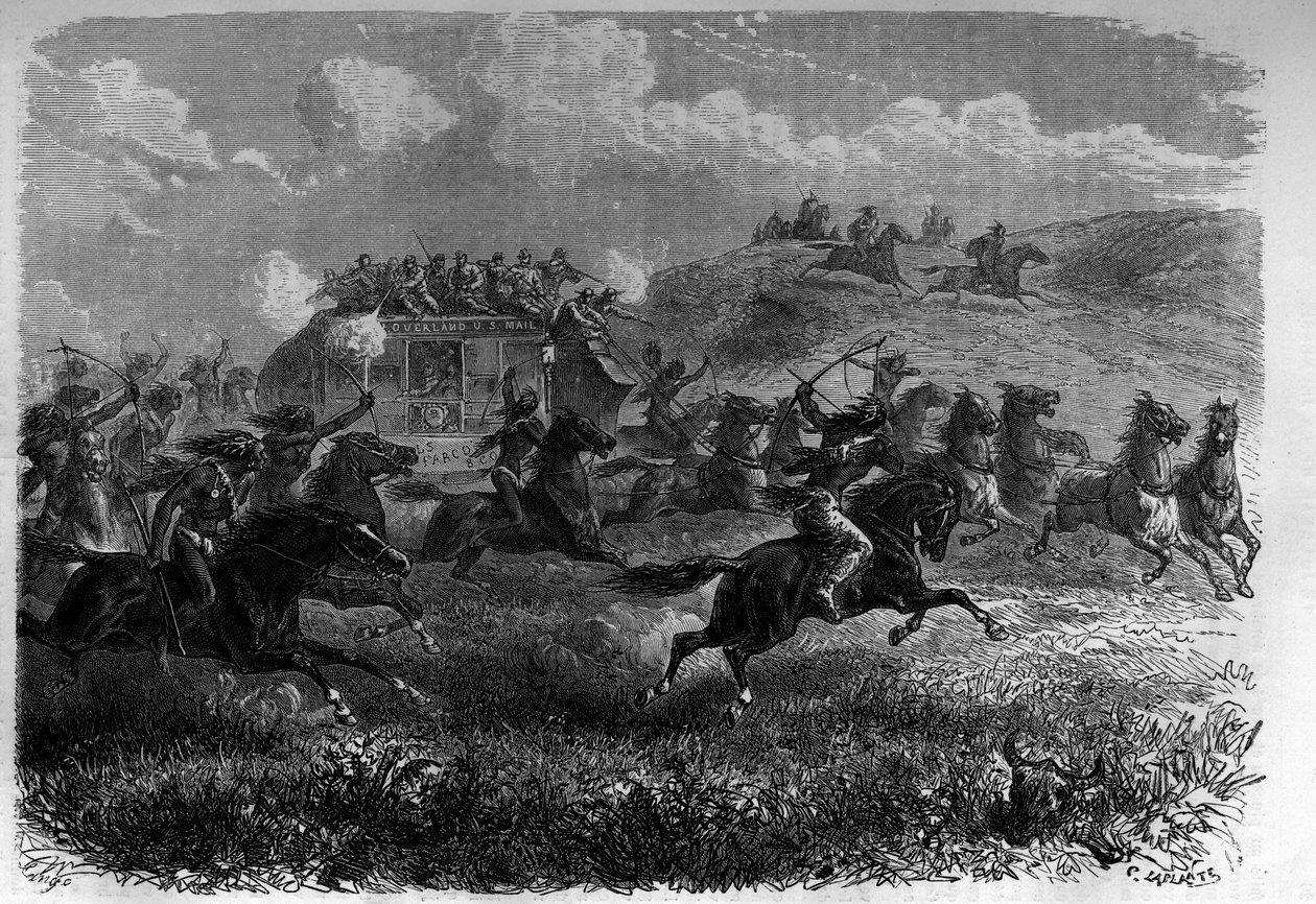 Red Skin Riders atakują gorliwość na Prerii. Grawerowanie w „Le journal de la jeunesse”” autorstwa Unknown artist
