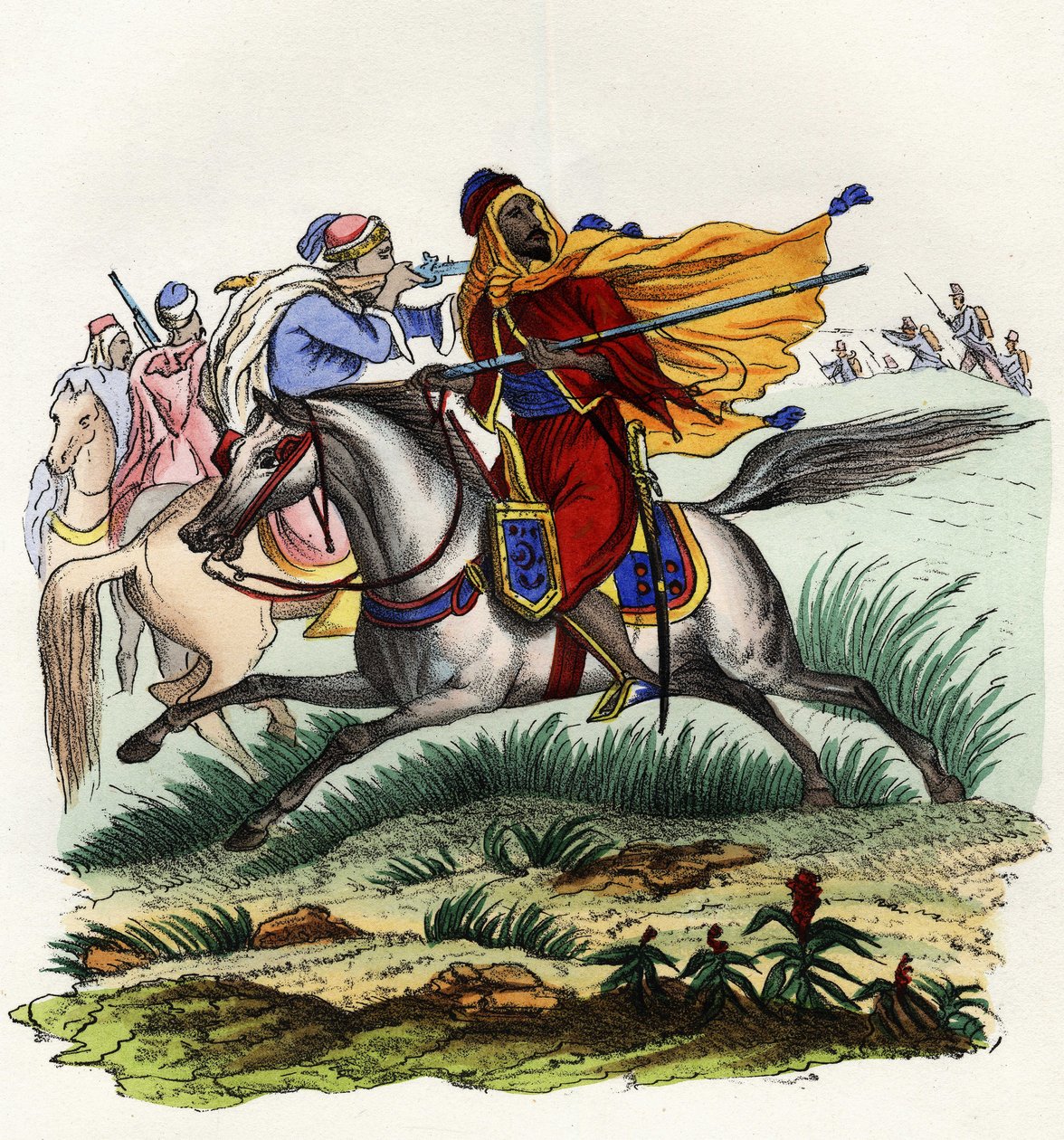 Czerwoni jeźdźcy emira Abd-el-Kadera uciekający przed myśliwymi francuskiej armii Afryki w Oranie w 1841 r. W „”Storia d