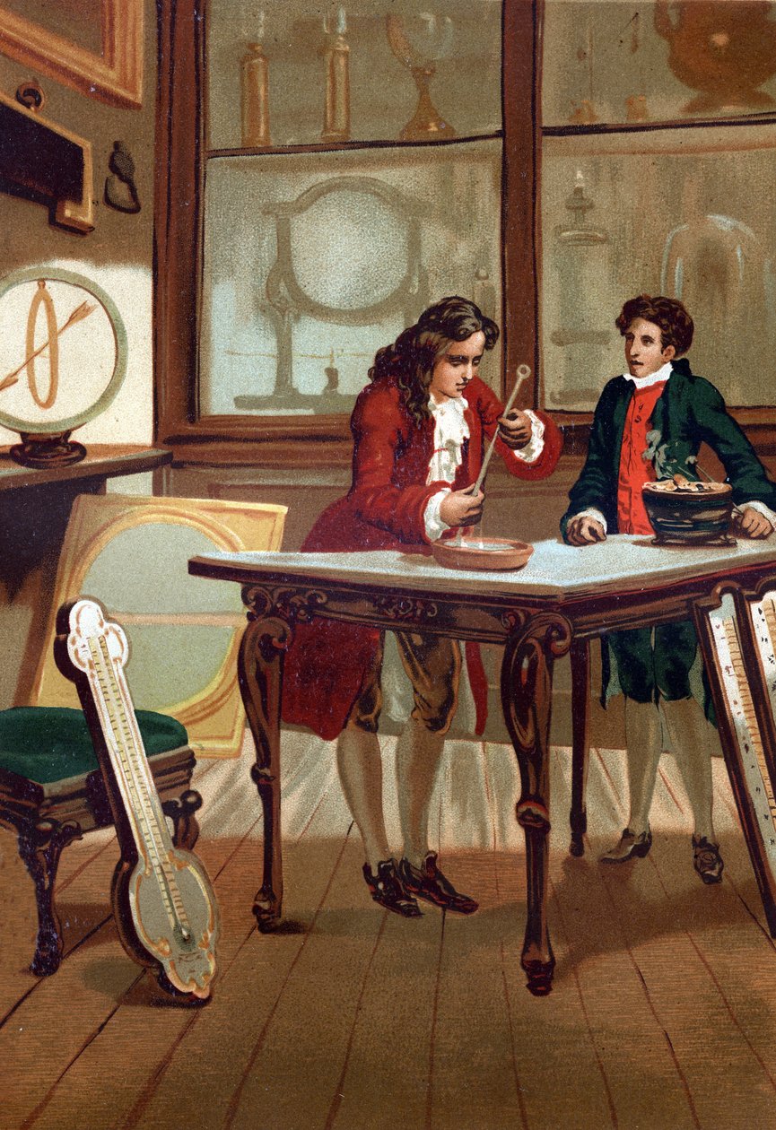 René Antoine Ferchault de Réaumur (1683-1757), francuski chemik i fizyk, budujący swój termometr w 1730 r. według „La Ciencia y sus Hombres par Louis Figuier” Barcelona 1881 autorstwa Unknown artist