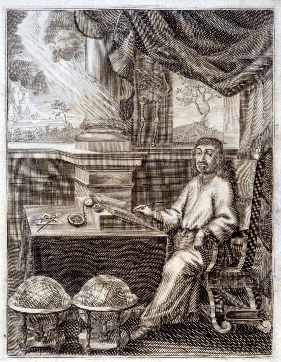 René Descartes (1596 - 1650) w swoim gabinecie ze sprzętem naukowym. Rycina z XVII wieku. autorstwa Unknown artist