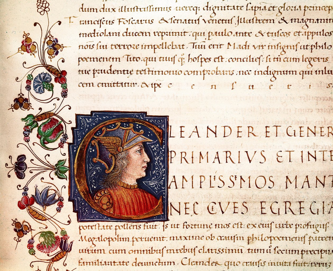 Przedstawienie Aleksandra Wielkiego (356-323 p.n.e.) króla Macedonii Miniatura zaczerpnięta z „”Paraleli wybitnych ludzi””” z Plutarcha (46-125 ne) (MS. XV. 1) XV wiek. Cesena, Biblioteca Malatestiana autorstwa Unknown artist