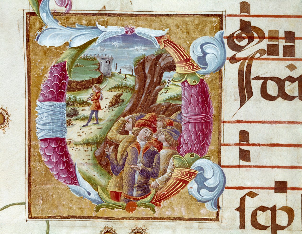 Przedstawienie Józefa i jego braci Fragment lettryny w antyfonarzu (Antiphonarium II) z XV wieku. Cremone, Biblioteca Governativa Włochy autorstwa Unknown artist