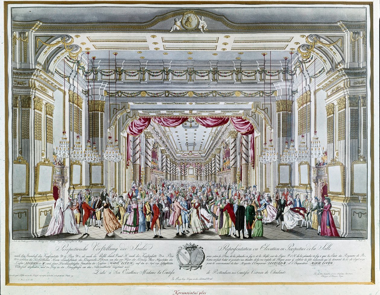 Reprezentacja „La Clemenza di Tito” (La Clemenza de Titus) Wolfganga Amadeusza Mozarta (1756-1791) na uczcie koronacyjnej cesarza austriackiego Leopolda II (1747-1792) na króla Bohemy w 1791 roku w teatrze Ulica Królewska w Pradze. Muzeum Praskie autorstwa Unknown artist