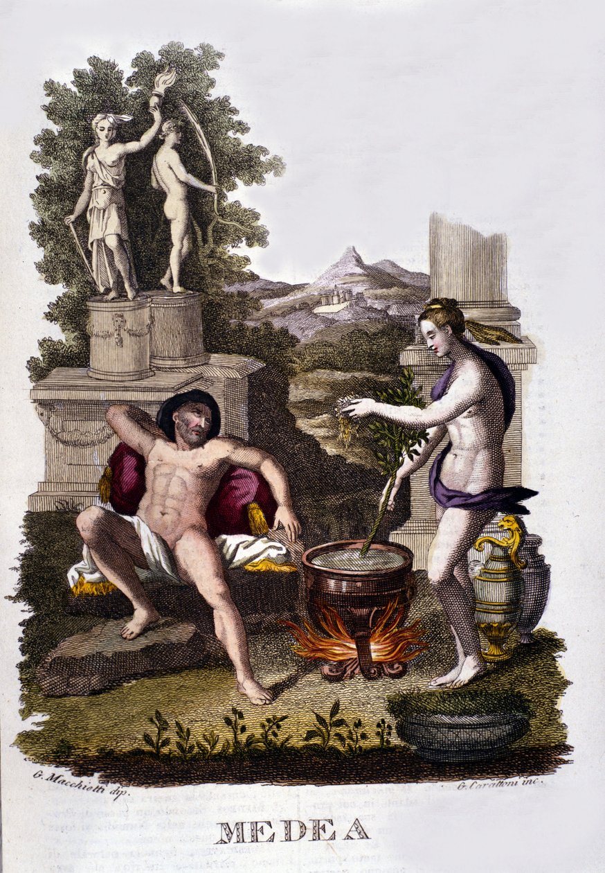 Reprezentacja Medei przygotowującej swoje przekleństwa po cyklu Argonautów. Rycina XIX wieku. autorstwa Unknown artist