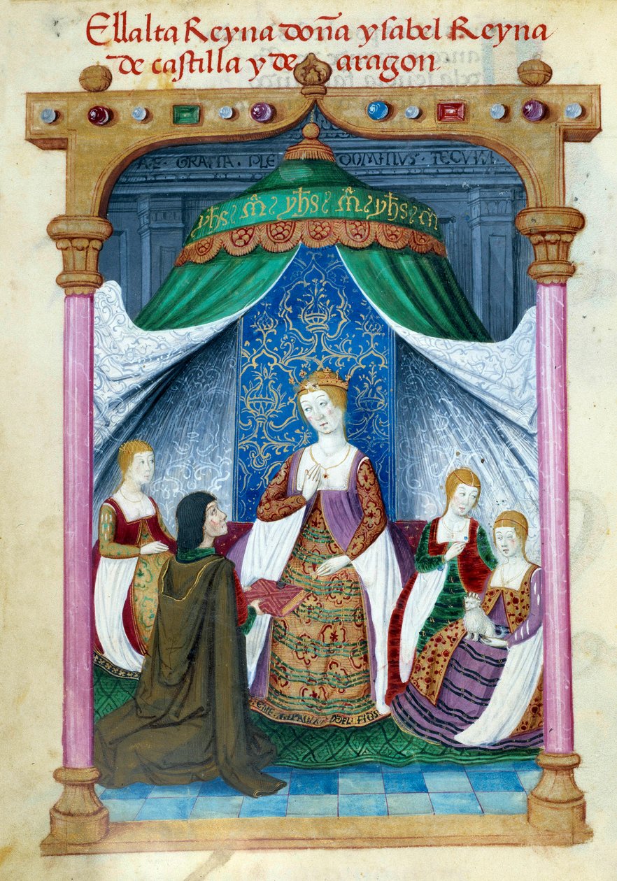 Reprezentacja królowej Izabeli Portugalskiej Izabeli Aragońskiej (1271-1336) w otoczeniu jej towarzyszy i Pedro Marcuello, który ofiarowuje jej książkę. Strona rękopisu zaczerpnięta z „”Zbioru kultu królowej Joanny Folle (1479-1555) Hiszpanii”” autorstwa autorstwa Unknown artist