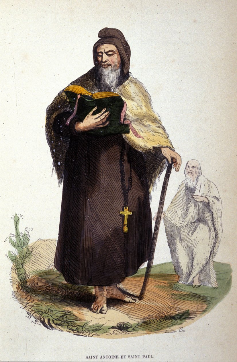 Reprezentacja św. Antoniego Wielkiego, egipskiego anachoreta (251 - 356), twórcy chrześcijańskiej eremityzmu i św. Pawła z Teb (poprzedziłby św. Antoniego w Tebajdzie). Rycina XIX wieku. autorstwa Unknown artist