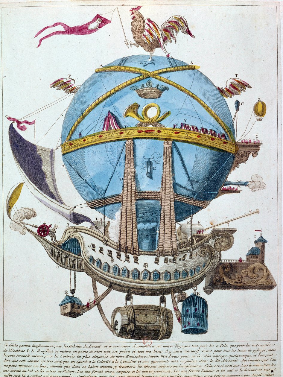 Przedstawienie podróży balonem, rycina satyryczna z XVIII wieku. autorstwa Unknown artist