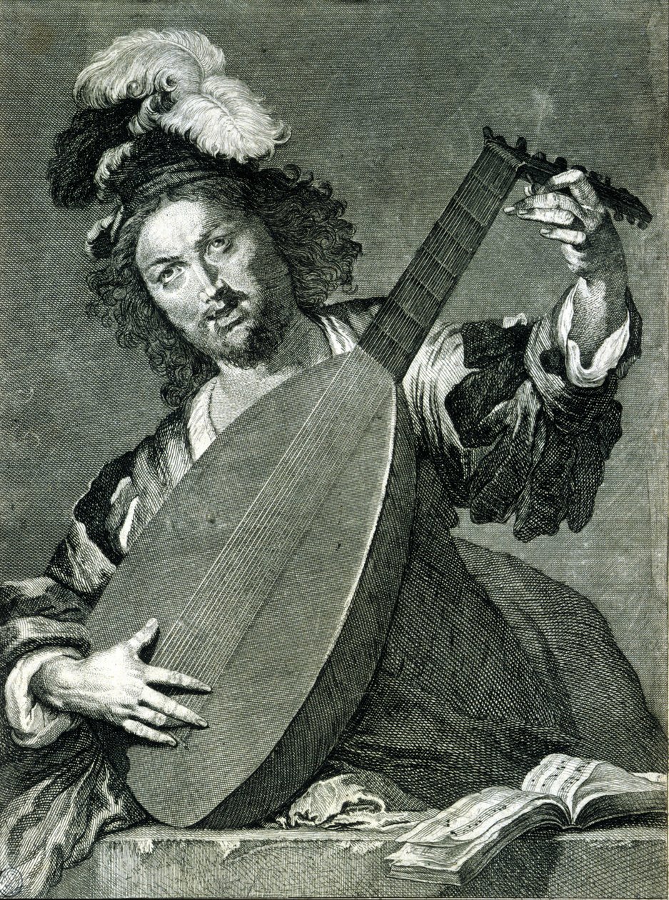 Przedstawienie lutnisty strojącego swój instrument. autorstwa Unknown artist