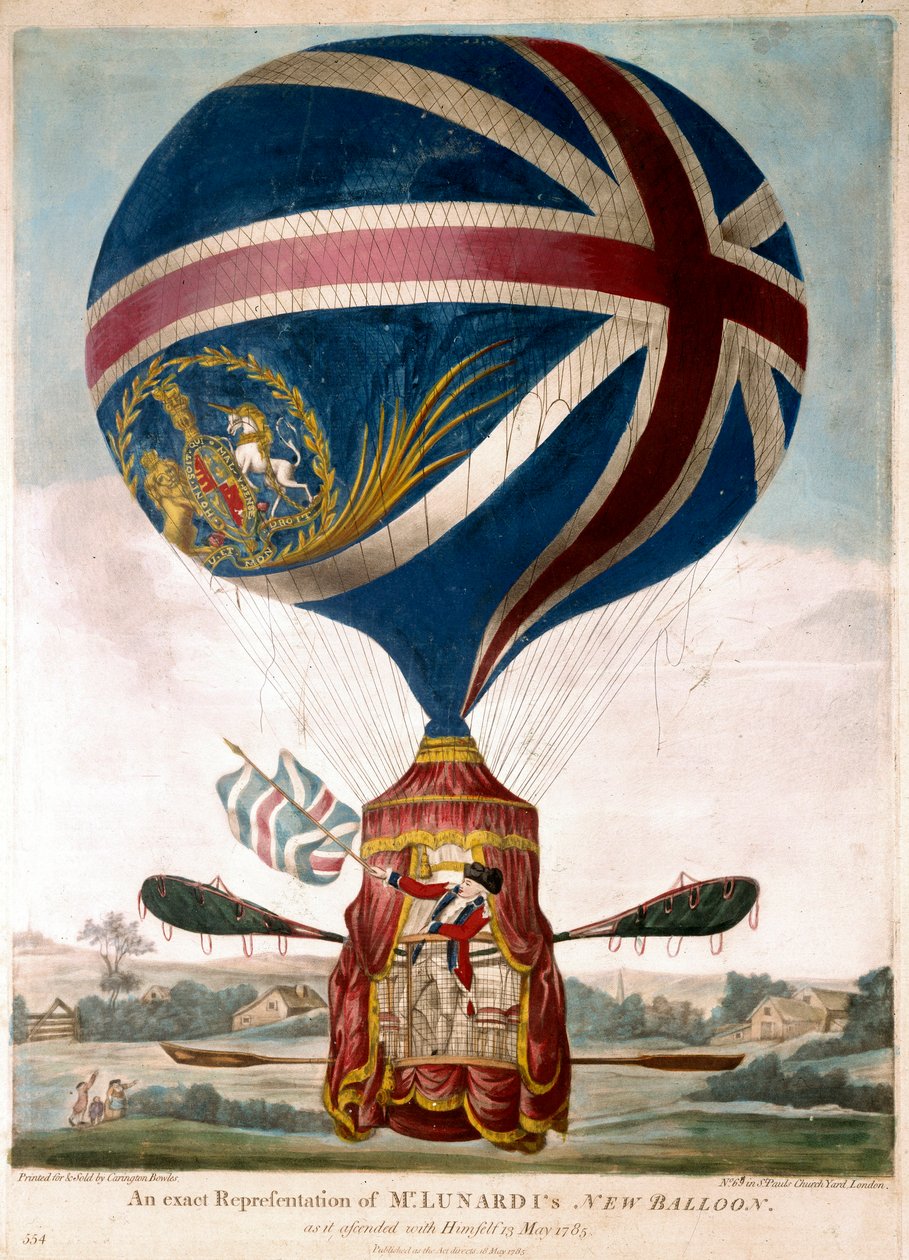 Reprezentacja nowego balonu autorstwa Vincenzo Lunardi z 13.05.1785, jako pierwszy przeleciał nad Anglią w 1783 roku. Płótno aerostatu to decoree Union Jack. Grawer około 1785 r. Kolekcja prywatna autorstwa Unknown artist