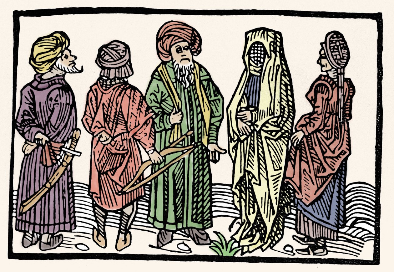 Reprezentacja gryki. Mężczyźni z ramionami ze splecionymi głowami i zawoalowanymi kobietami. Ksylografia XV wieku autorstwa Unknown artist
