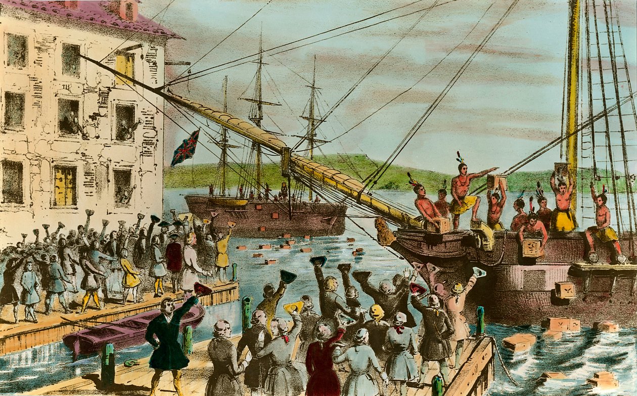 Reprezentacja Boston Tea Party: podczas wojny o niepodległość Stanów Zjednoczonych: bunt amerykańskich osadników (pochodzenia brytyjskiego) przeciwko podatkom nałożonym przez angielski parlament na herbatę i inne artykuły spożywcze. Obrzydzali się jak Indi autorstwa Unknown artist