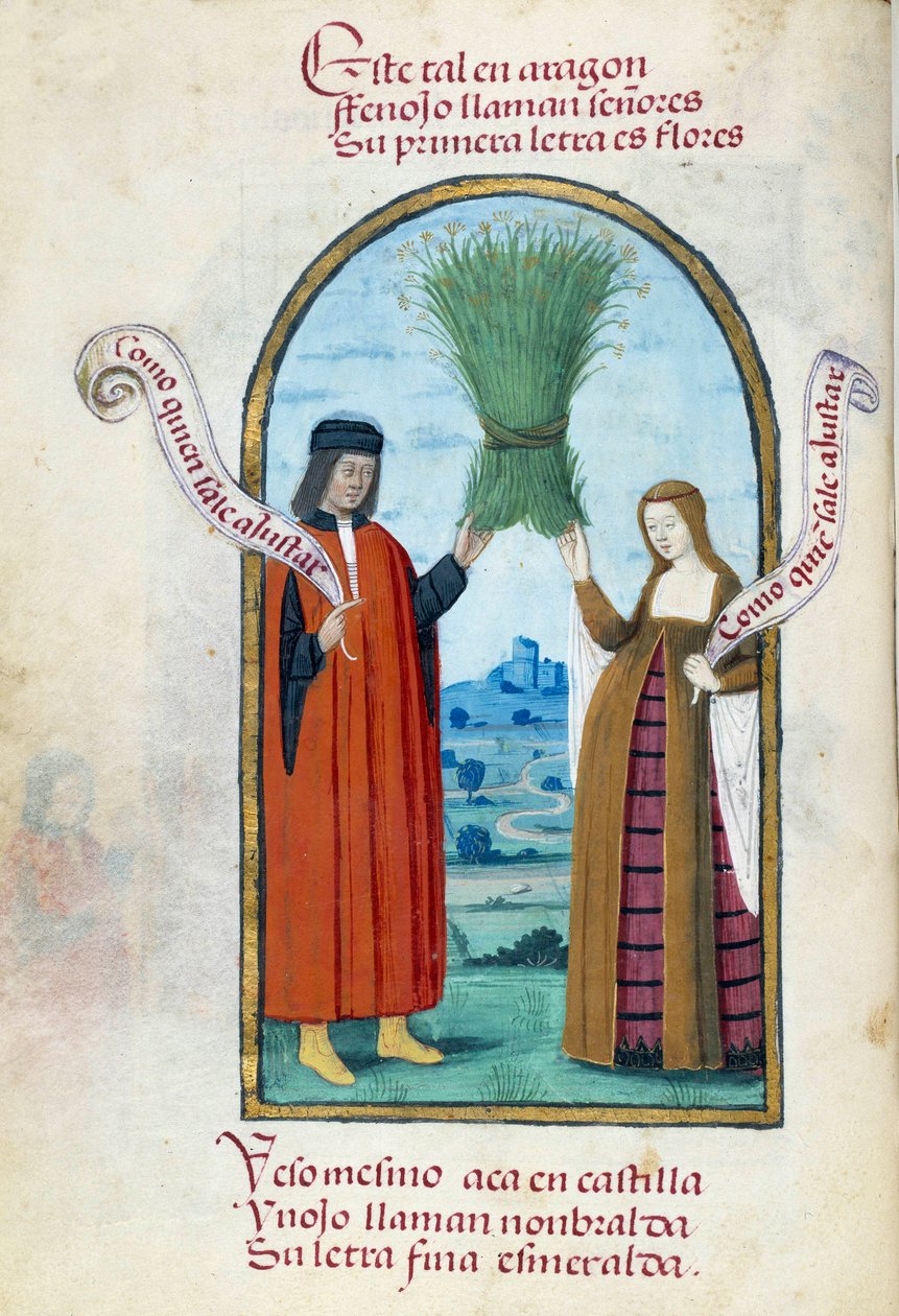 Reprezentacja królów katolickich Ferdynanda II (1452-1516) i Izabeli I Kastylii (1451-1504) trzymających but dzikiego kopru włoskiego. Strona rękopisu zaczerpnięta z „”Zbioru kultu królowej Joanny Folle (1479-1555) Hiszpanii”” Pedro Marcuello autorstwa Unknown artist