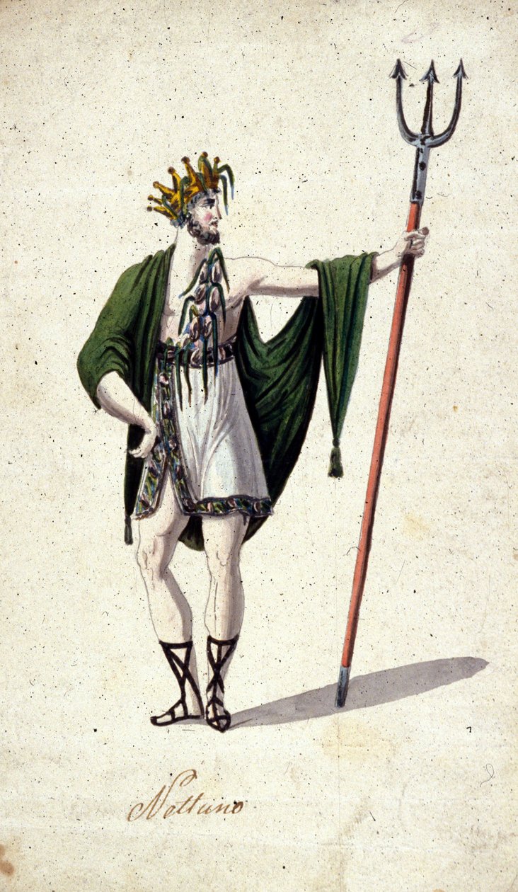 Przedstawienie rzymskiego boga Neptuna trzymającego trójząb (identyfikuje greckiego Posejdona). Akwarela z XVIII wieku. autorstwa Unknown artist