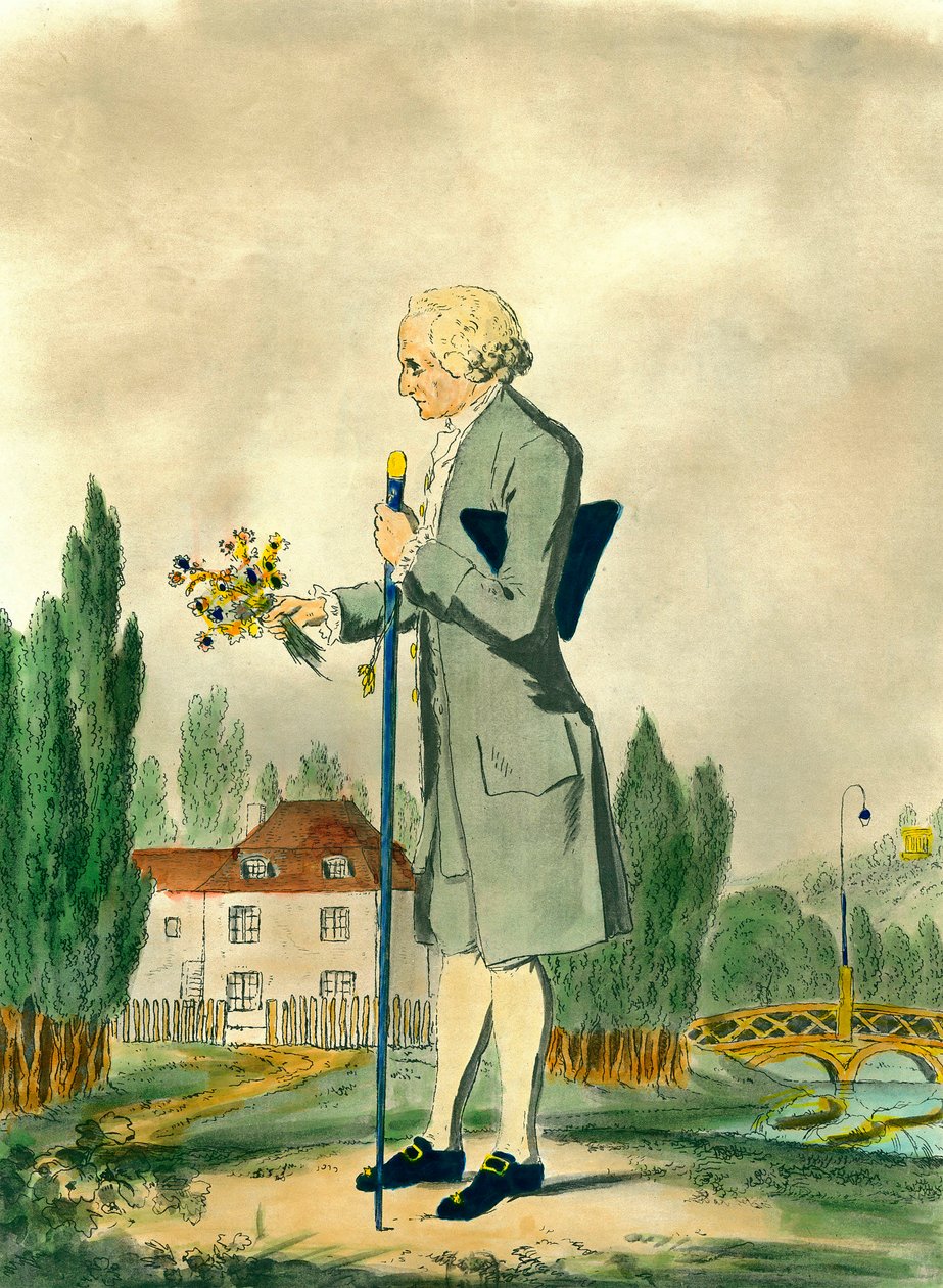 Reprezentacja szwajcarskiego filozofa Jeana Jacquesa Rousseau (1712-1778) zbierającego kwiaty w Ermenonville. Rycina z XVIII wieku. Prywatna kolekcja. autorstwa Unknown artist