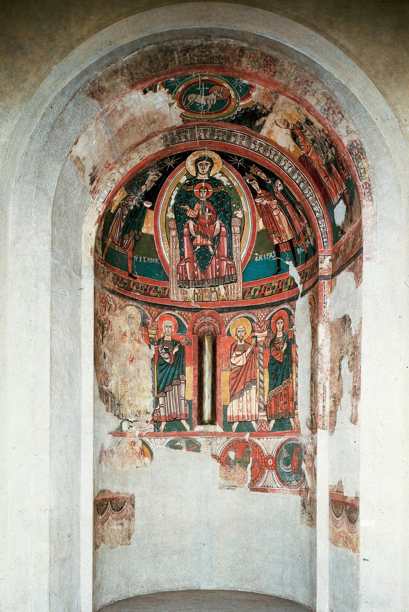 Przedstawienie Matki Boskiej z Dzieciątkiem w otoczeniu Trzech Króli. Fresk z centralnej absydy kościoła Santa Maria in Taull. Około 1123. Barcelona. Narodowe Muzeum Sztuki Katalonii autorstwa Unknown artist