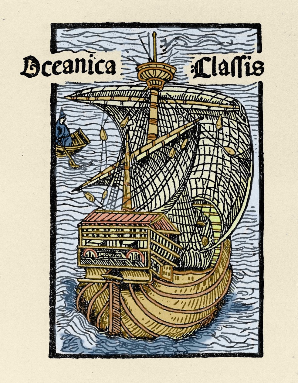 Reprezentacja karaweli Santa Maria przez Krzysztofa Kolumba (1451-1506). Rycina z „De insulis in mare Indico super inventis”, Bale 1493-1494 (łaciński przekład raportu Kolumba do króla Hiszpanii). autorstwa Unknown artist