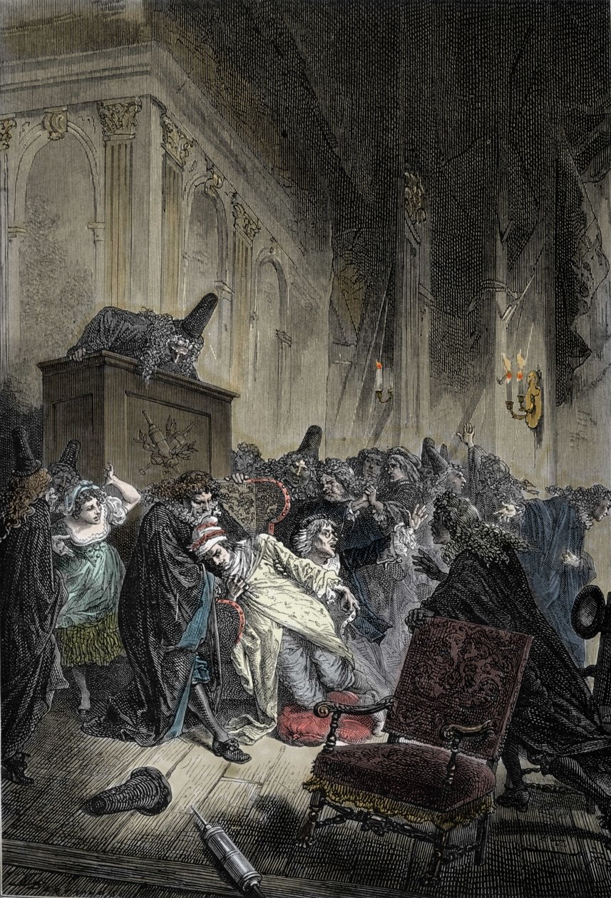 Reprezentacja śmierci Jean-Baptiste Poquelina, dit Moliere (1622-1673), śmierć z powodu przekrwienia płuc podczas przedstawienia „Wyimaginowanych chorych” w dniu 17.02.1673 autorstwa Unknown artist