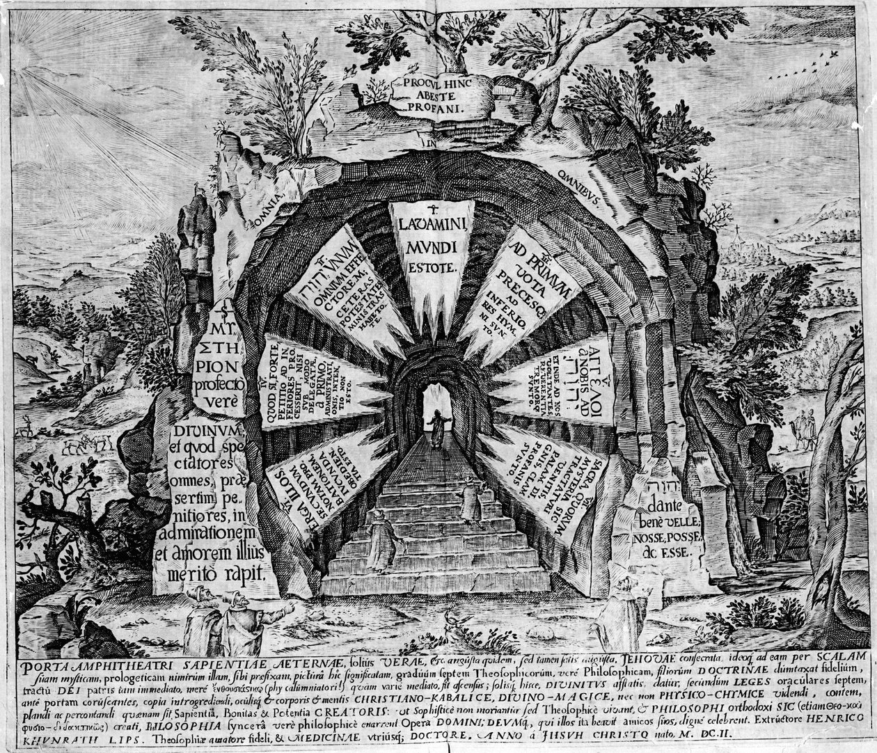 Przedstawienie wejścia do Domu Tajemnic, symbol życia wiecznego. Grawerowanie „Amphitheatrum sapientiae aeternae”. (Amfiteatr Wiecznej Mądrości) [Hamburg: s.n. autorstwa Unknown artist