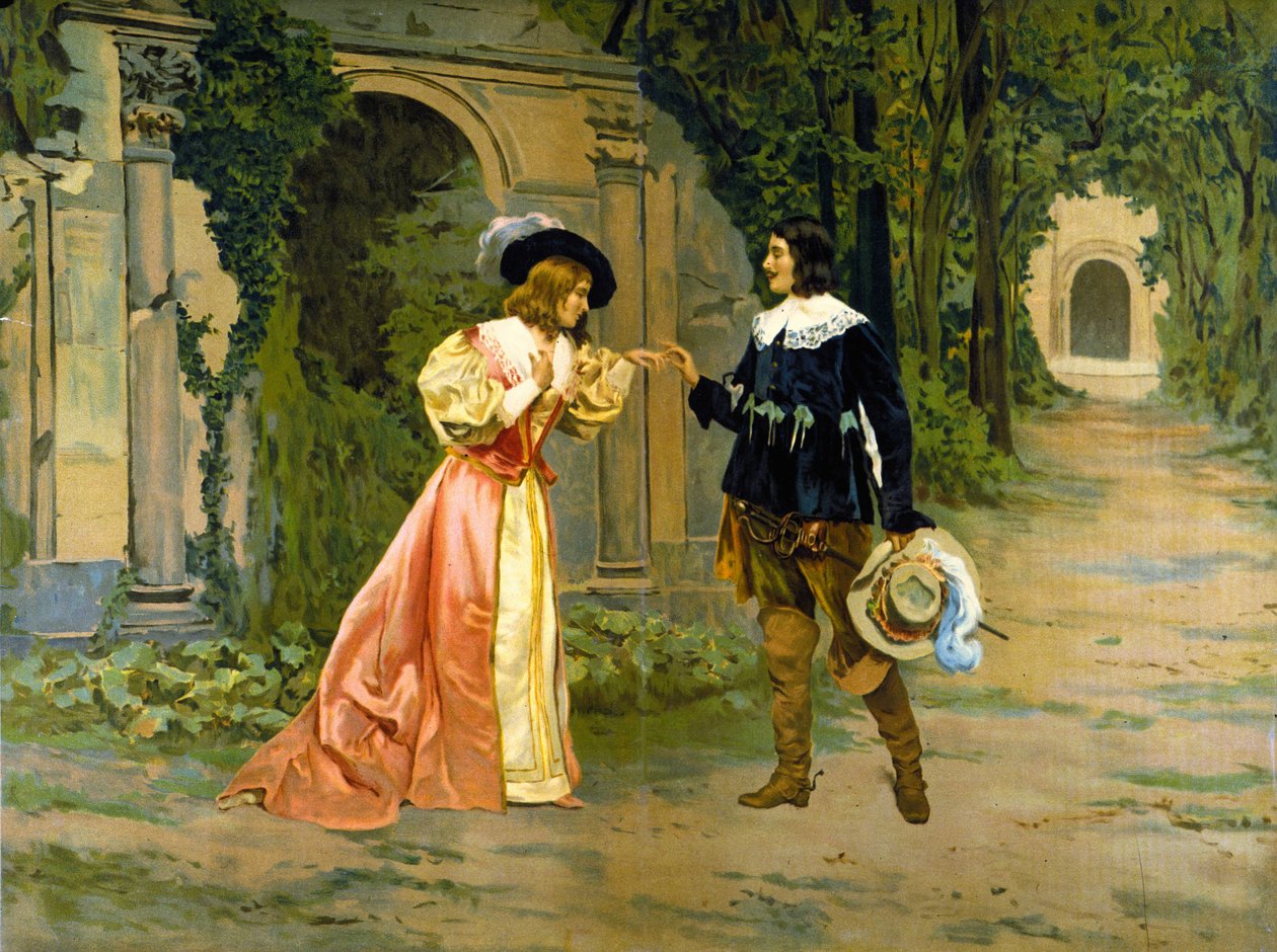 Reprezentacja wymiany pierścienia między Edgarem a Łucją w I akcie opery „Lucie de Lammermoor” (Łucja z Lammermoor) Gaetano Donizettiego. autorstwa Unknown artist