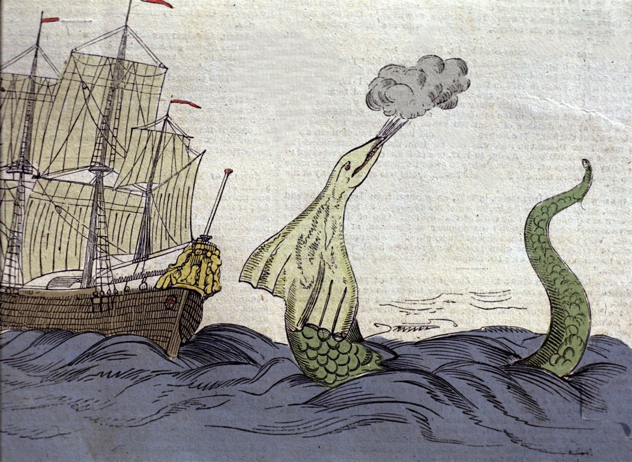 Przedstawienie węża morskiego widzianego przez norweskiego misjonarza Hansa Egede (1686-1758) podczas podróży na Grenlandię. Grawerowanie XVIII wieku autorstwa Unknown artist