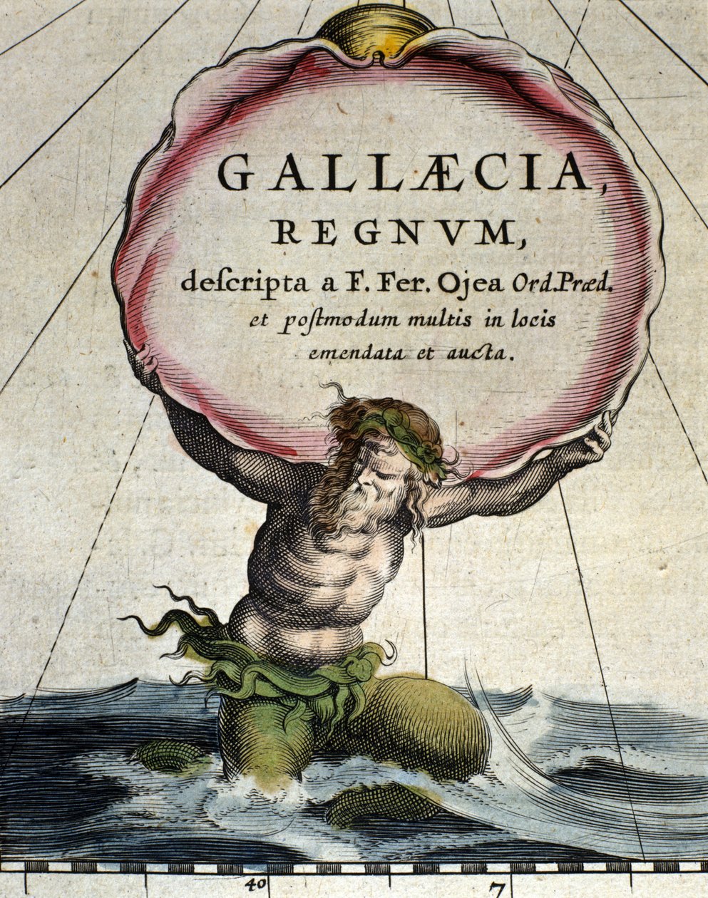 Reprezentacja trytona, legendarnego stworzenia pół człowieka i ryby. Fragment „Atlas novus” 1642 autorstwa Unknown artist
