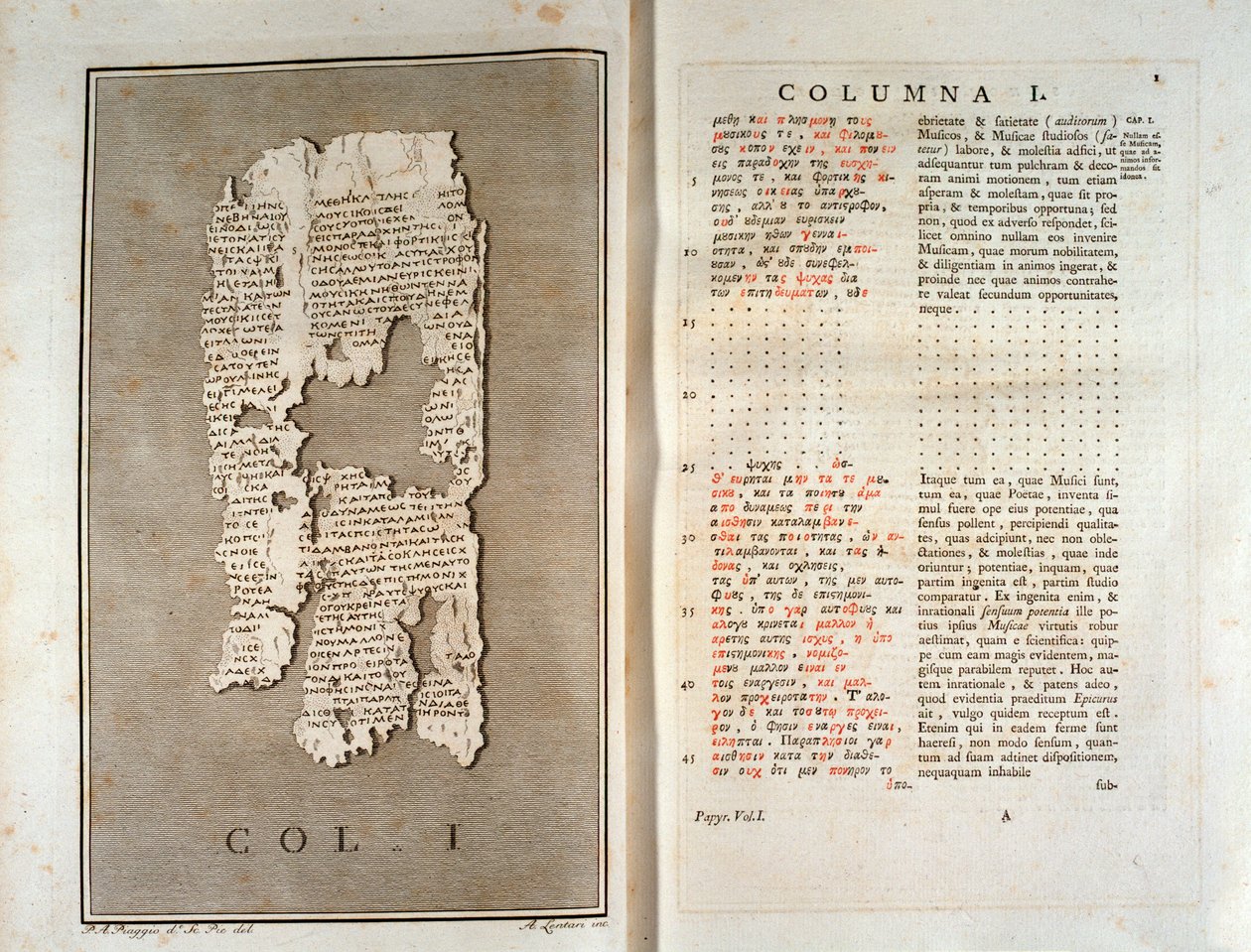 Reprodukcja papirusu Herkulanum z Filodemy z Gadary (1793) autorstwa Unknown artist