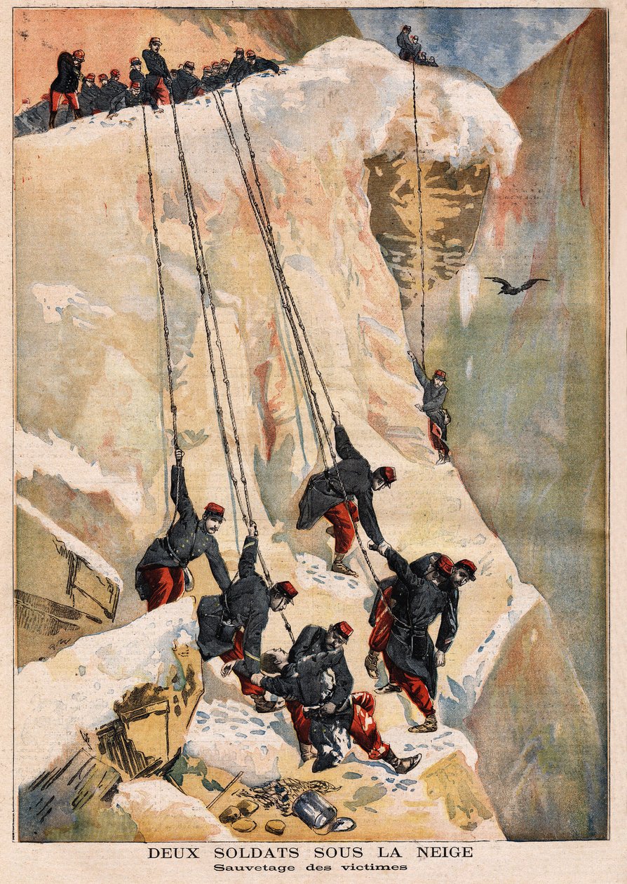 Uratowanie 2 żołnierzy z 97. pułku liniowego w misji ochrony granic, ofiar lawiny spowodowanej topnieniem wiosennego śniegu. Grawerowanie w „”Le petit journal”” 14.05.1894. Kolekcja Selvy. autorstwa Unknown artist
