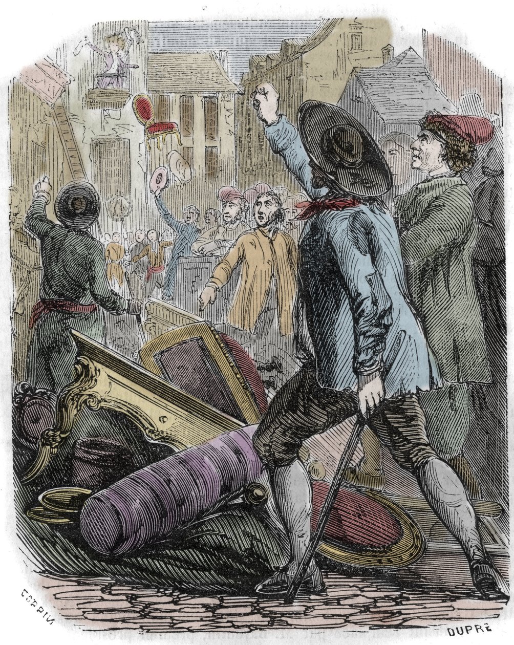 Zamieszki Reveillon miały miejsce w dniach 26-29 kwietnia 1789 r. - Rewolucja francuska: sprawa Reveillon - „”Plądrowanie fabryki papintów Jean Baptiste de Reveillon le 28 kwietnia 1789”” Paryskie zamieszki splądrowały fabrykę zlokalizowaną przy rue du Fau autorstwa Unknown artist