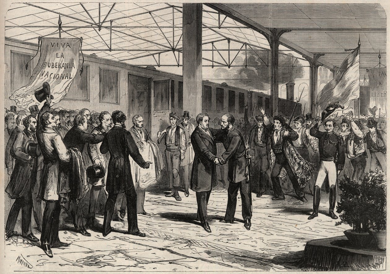 Rewolucja września 1868 w Hiszpanii (Gloriosa): przybywa z Salustiano Olozagi (1805-1873) z Madrytu. Grawer w „”L
