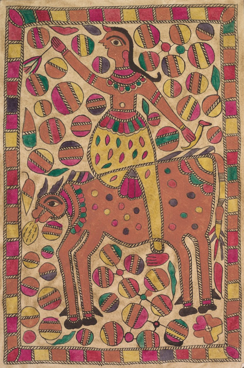 Jeździec i czworonożny bydlęcy stwór z obramowaniem kolorowych kwadratów autorstwa Unknown artist
