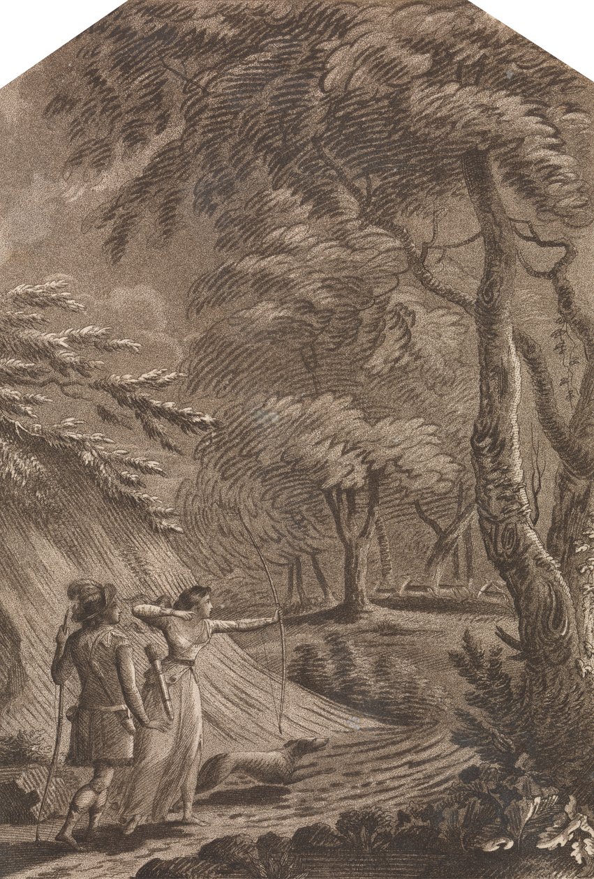 Robin Hood i Clarinda polują na jelenie w zalesionym krajobrazie autorstwa Unknown artist