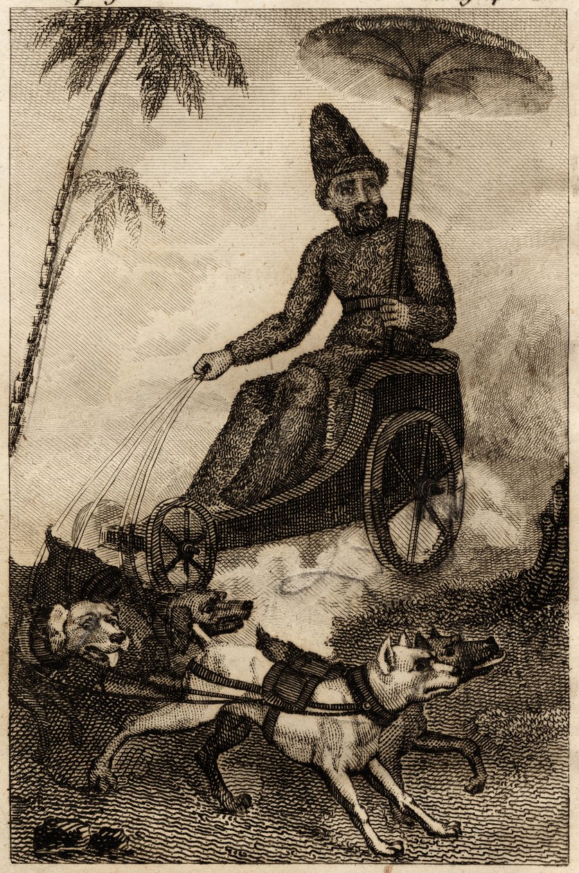 Robinson Crusoe na swoim pociągu rydwanów przez sześciu dogues, grawer umieszczony w „Les aventures de Robinson Crusoe” Daniela Defoe autorstwa Unknown artist