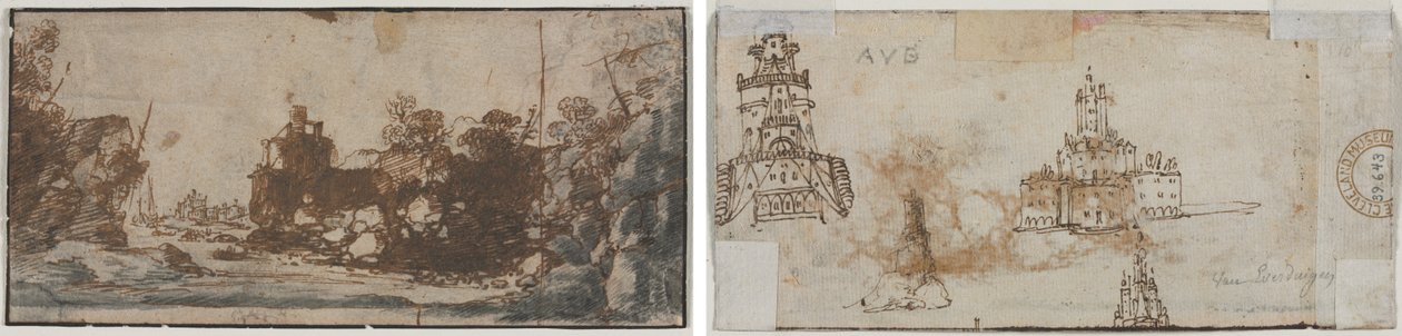 Rocky Inlet z łodziami i budynkami (recto); Szkice zamków (verso) autorstwa Unknown artist