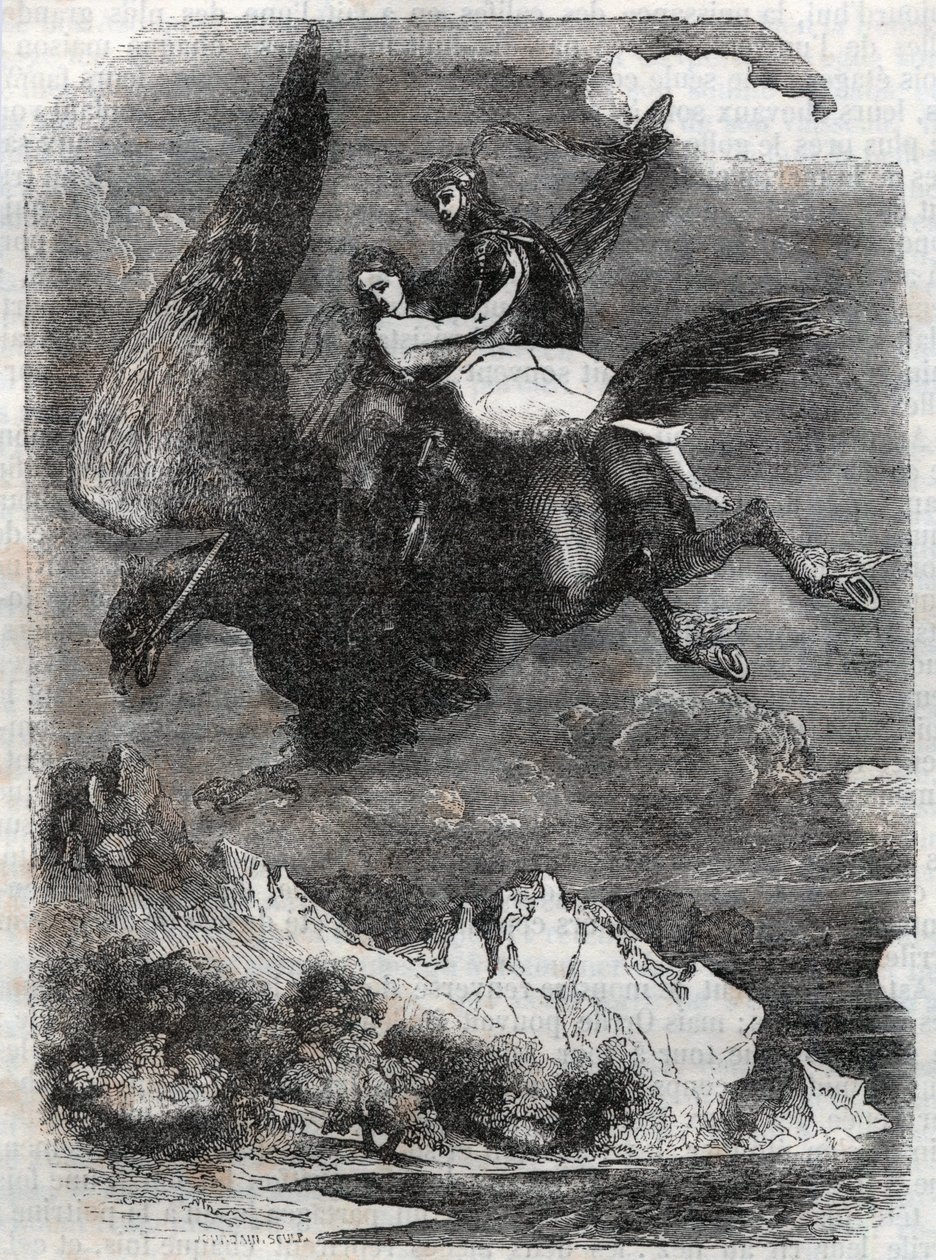 Roger (Ruggero, Ruggiero) i Angelique (Angelica) na hipopazuru - rycina z 1851 r. z „Roland furieux” (Orlando furioso) (XVI w.) Ludovico Ariosto, znanego jako Ariosto - Wydanie przetłumaczone z języka włoskiego przez hrabiego Tressan i opublikuj autorstwa Unknown artist