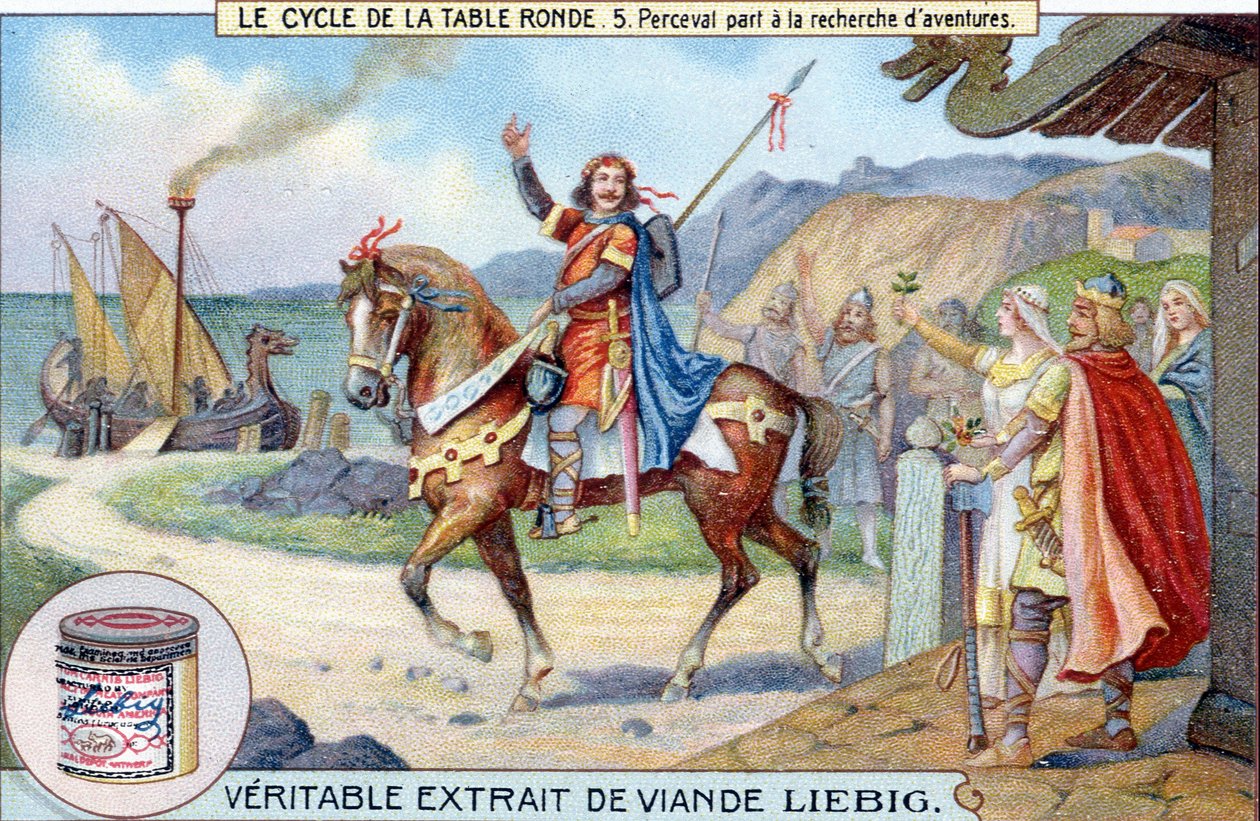 Cykl okrągłego stołu (5): Perceval wyrusza w poszukiwaniu przygód, Liebig Chromolithography, sd. 19 wiek autorstwa Unknown artist