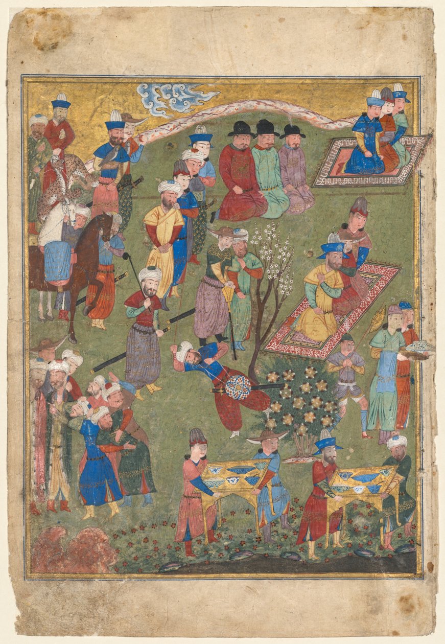 Królewskie przyjęcie w krajobrazie, lewy folio z podwójnego frontyspisu Szahnamy (Księgi Królów) z Firdausi (perski, ok. 940–1019 lub 1025) autorstwa Unknown artist