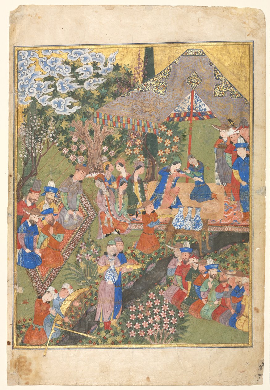 Królewskie przyjęcie w krajobrazie, prawe folio z dwustronicowej frontyspisu Szahnamy (Księgi Królów) z Firdausi (940–1019 lub 1025) autorstwa Unknown artist