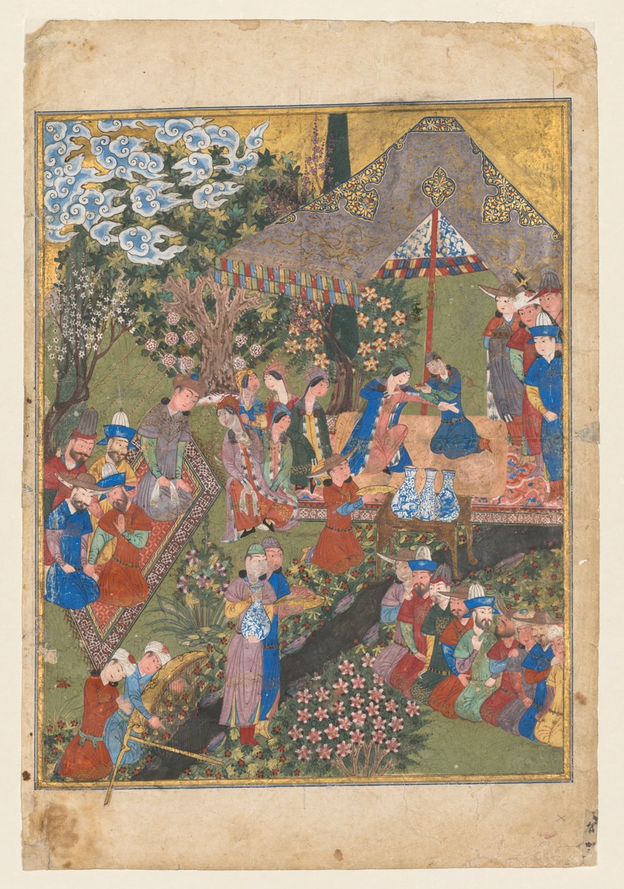 Królewskie przyjęcie w krajobrazie, prawe folio z podwójnego frontyspisu Szahnamy (Księgi Królów) z Firdausi (perski, ok. 940–1019 lub 1025) (verso) autorstwa Unknown artist