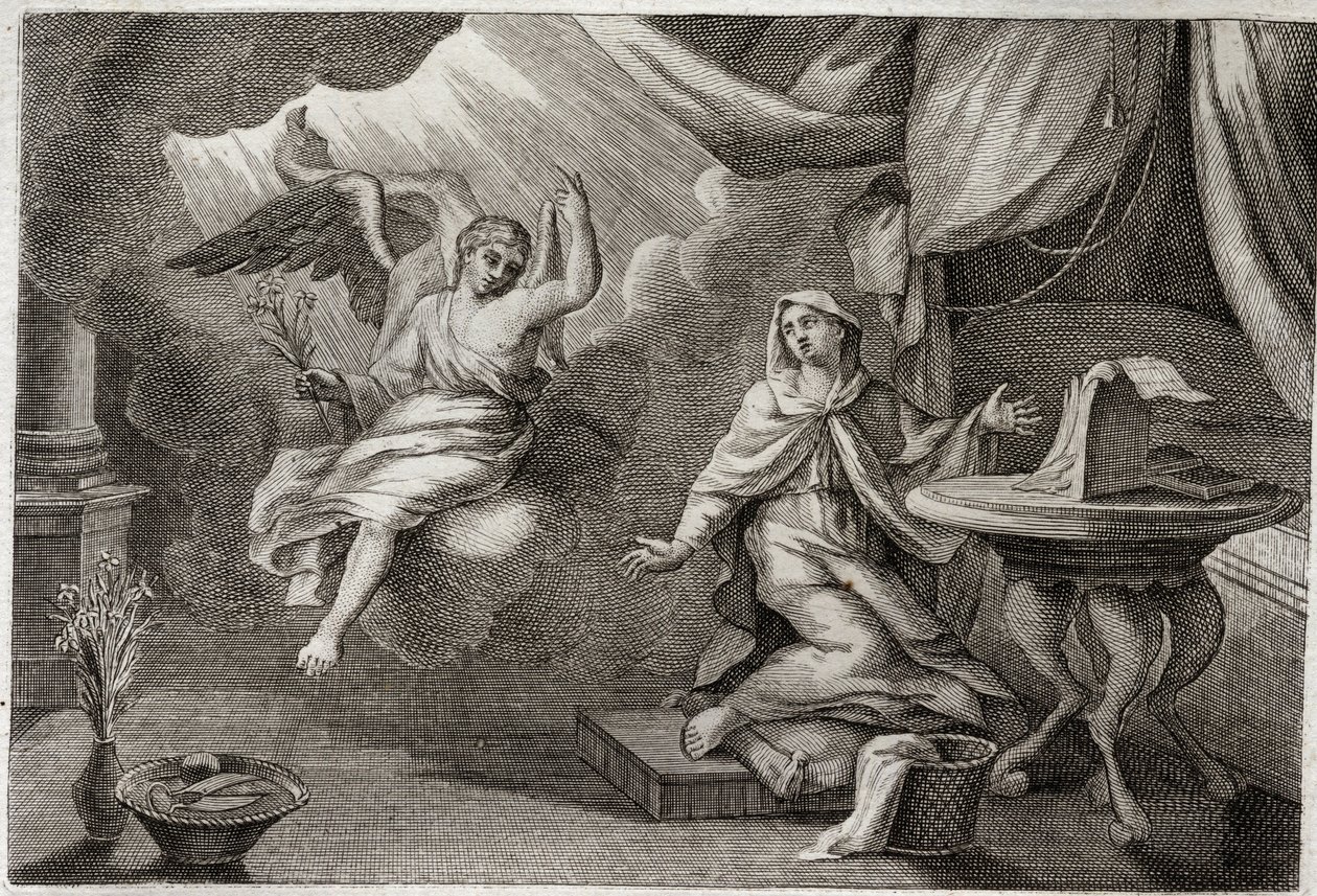 Biblia Royaumont, Nowy Testament: Zwiastowanie Dziewicy. Archanioł Gabriel przybył, aby przekazać wiadomość Maryi. Ilustracja z 1811 roku. autorstwa Unknown artist