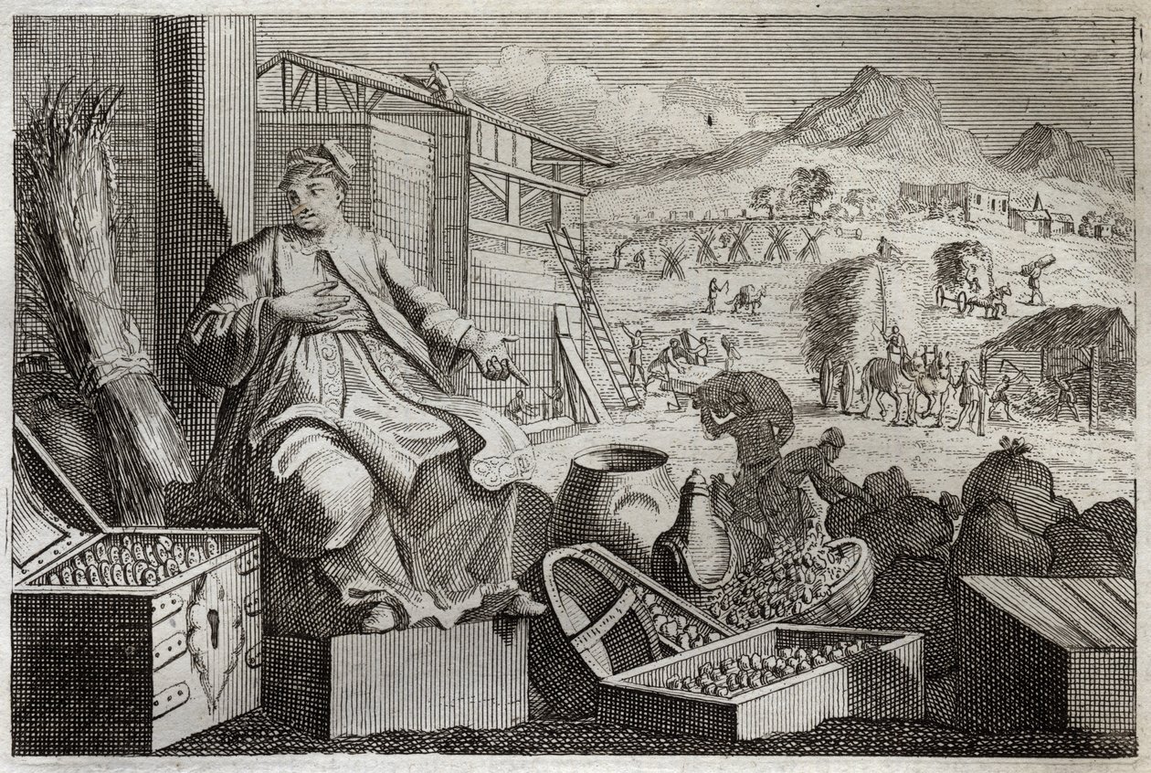 Biblia Royaumont, Nowy Testament: Szaleństwo bogactwa lub przypowieść o bogaczu. Jezus Chrystus wypowiada się przeciwko próżności bogacza, który przyklasnął sobie za swoje wielkie posiadłości i zmarł następnej nocy. Ilustracja z 1811 roku. autorstwa Unknown artist
