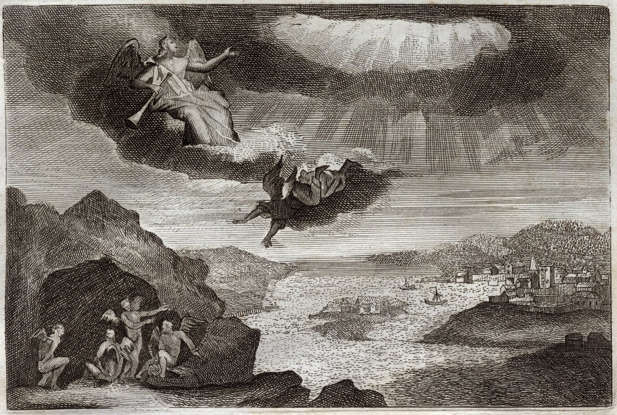 Biblia Royaumont, Nowy Testament: Piąta i szósta trąba Objawienia. Koniki polne i cztery anioły. Ilustracja z 1811 roku. autorstwa Unknown artist