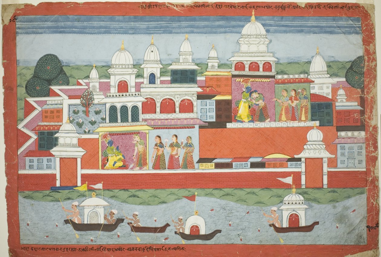 Rukmini prosi Krysznę o pozwolenie na odwiedzenie jej brata Rukmy, strona z rozproszonego manuskryptu Bhagavata Purany autorstwa Unknown artist